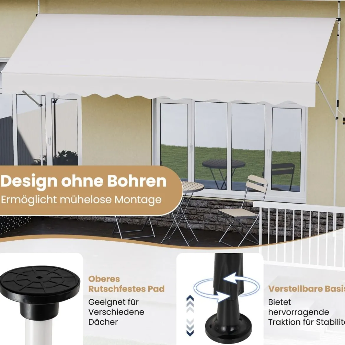 Klemmmarkise Balkonmarkise ohne Bohren mit Handkurbel Höhenverstellbar & UV-beständig Sonnenschutz Weiß