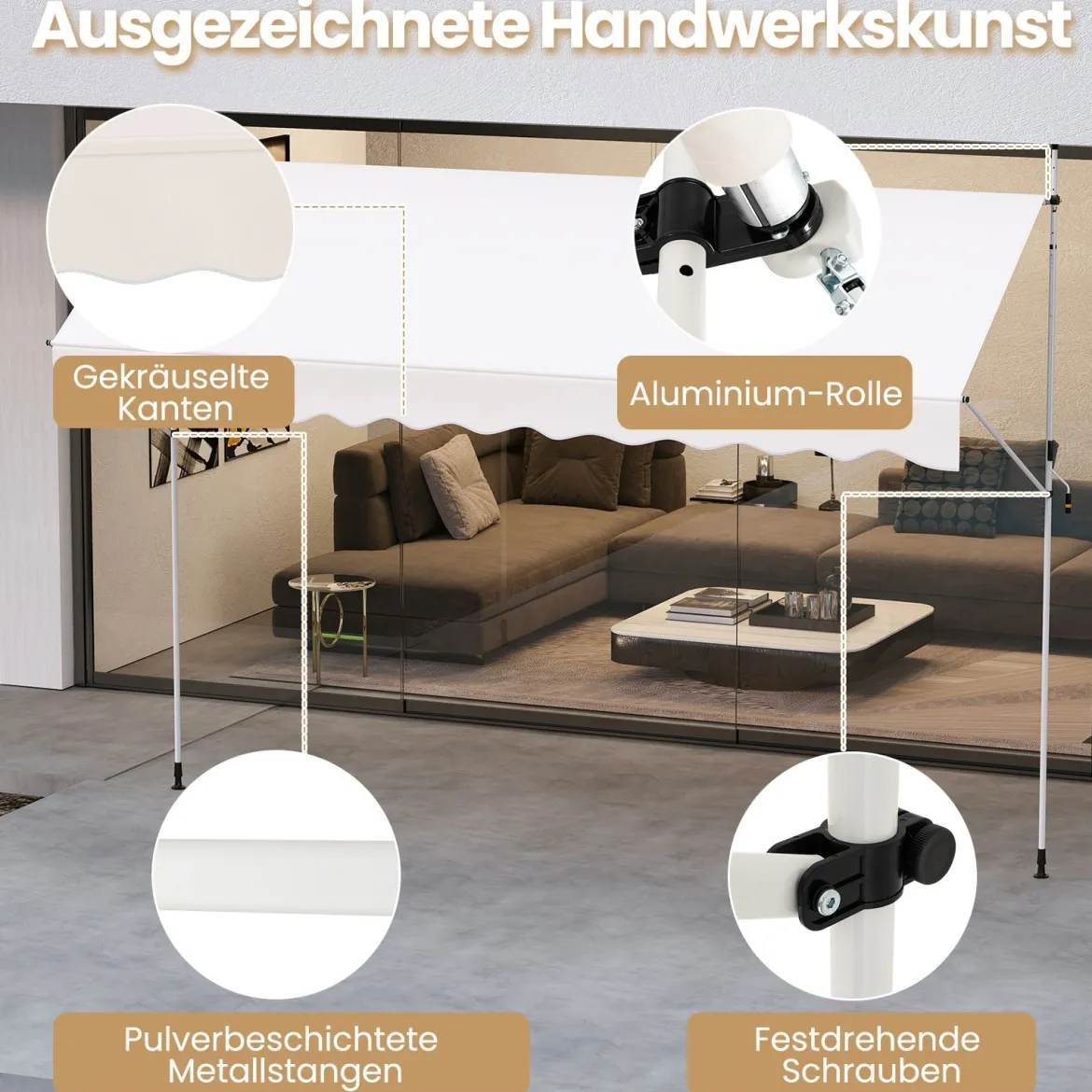Klemmmarkise Balkonmarkise ohne Bohren mit Handkurbel Höhenverstellbar & UV-beständig Sonnenschutz Weiß