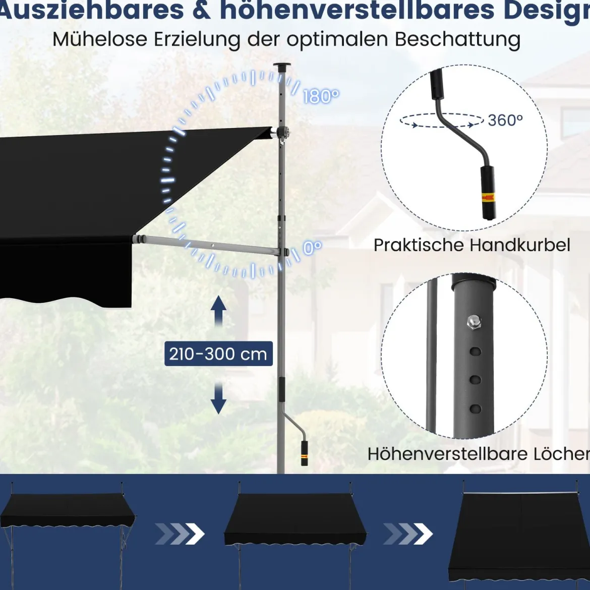 Klemmmarkise Balkonmarkise ohne Bohren mit Handkurbel Höhenverstellbar & UV-beständig 200 cm Schwarz