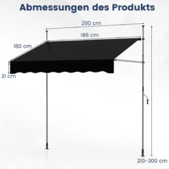 Klemmmarkise Balkonmarkise ohne Bohren mit Handkurbel Höhenverstellbar & UV-beständig 200 cm Schwarz