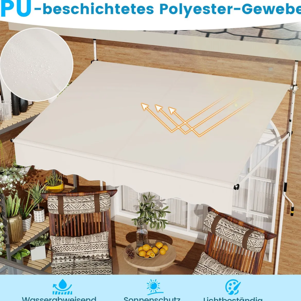 Klemmmarkise 200cm Balkonmarkise ohne Bohren mit Handkurbel Höhenverstellbar & UV-beständig 200 cm Weiß