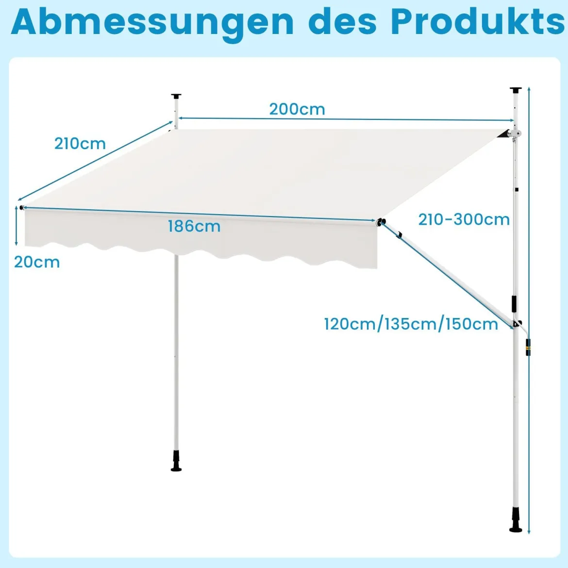 Klemmmarkise 200cm Balkonmarkise ohne Bohren mit Handkurbel Höhenverstellbar & UV-beständig 200 cm Weiß