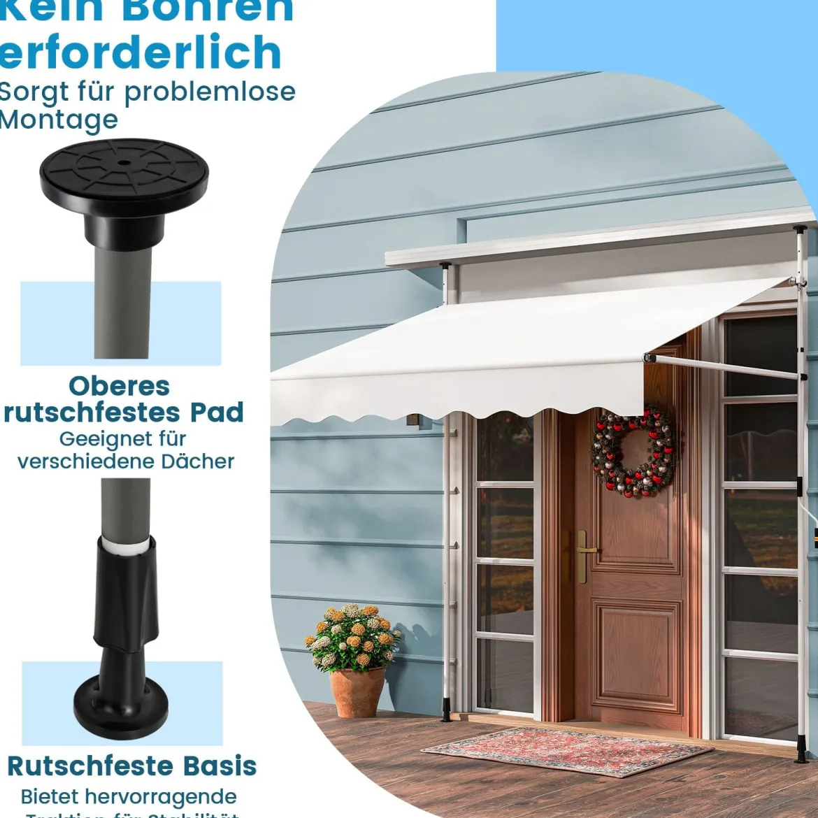 Klemmmarkise 200cm Balkonmarkise ohne Bohren mit Handkurbel Höhenverstellbar & UV-beständig 200 cm Weiß