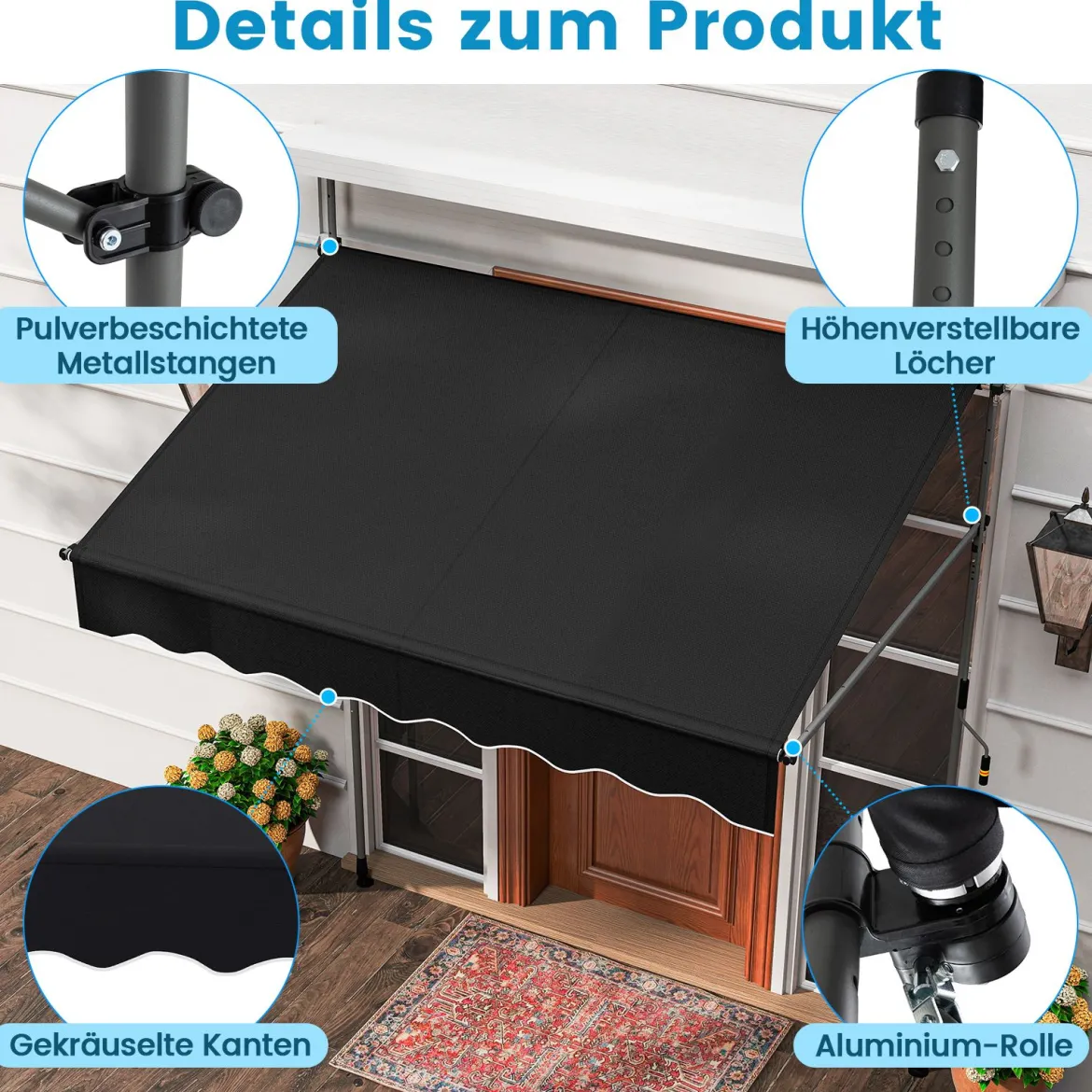 Klemmmarkise 200cm Balkonmarkise ohne Bohren mit Handkurbel Höhenverstellbar & UV-beständig 200 cm Schwarz