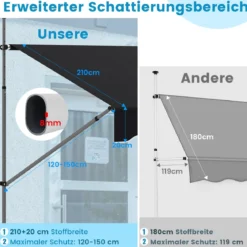 Klemmmarkise 200cm Balkonmarkise ohne Bohren mit Handkurbel Höhenverstellbar & UV-beständig 200 cm Schwarz