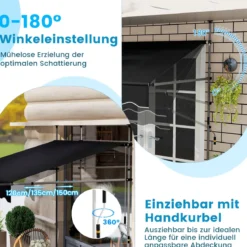 Klemmmarkise 200cm Balkonmarkise ohne Bohren mit Handkurbel Höhenverstellbar & UV-beständig 200 cm Schwarz