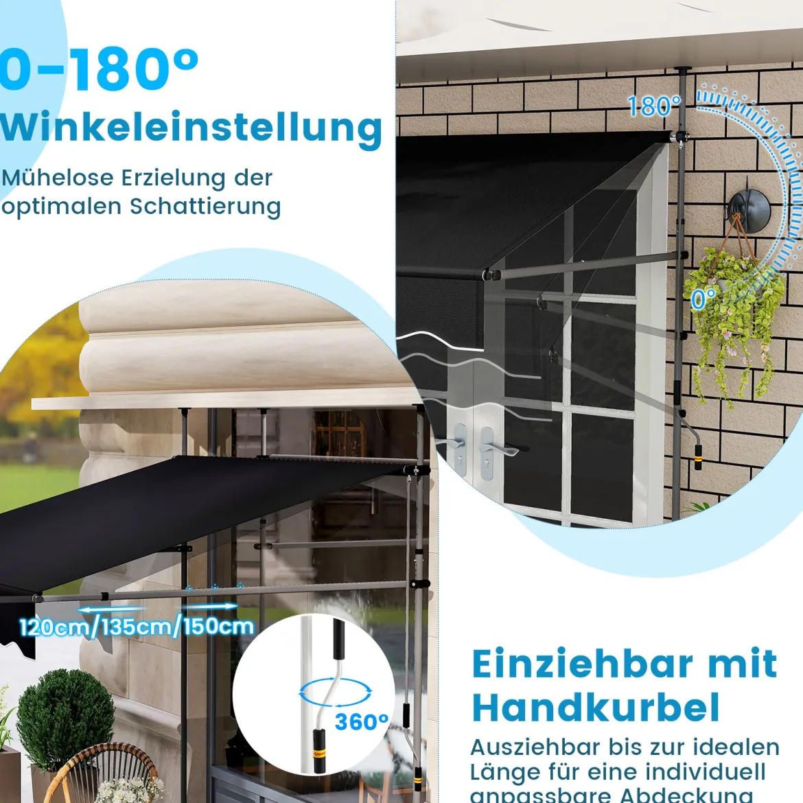 Klemmmarkise 200cm Balkonmarkise ohne Bohren mit Handkurbel Höhenverstellbar & UV-beständig 200 cm Schwarz