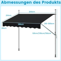 Klemmmarkise 200cm Balkonmarkise ohne Bohren mit Handkurbel Höhenverstellbar & UV-beständig 200 cm Schwarz