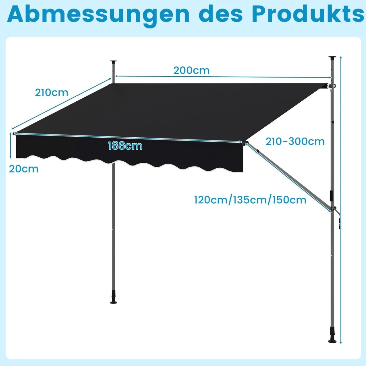 Klemmmarkise 200cm Balkonmarkise ohne Bohren mit Handkurbel Höhenverstellbar & UV-beständig 200 cm Schwarz