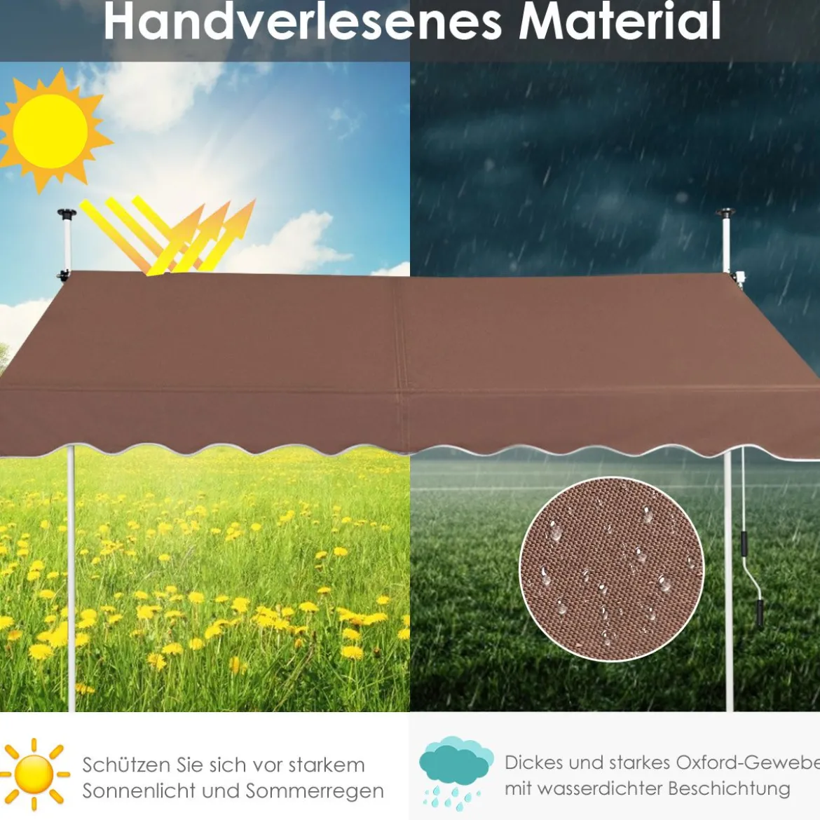 Klemmmarkise 200 cm breit Balkonmarkise ohne Bohren UV-beständig höhenverstellbar Braun