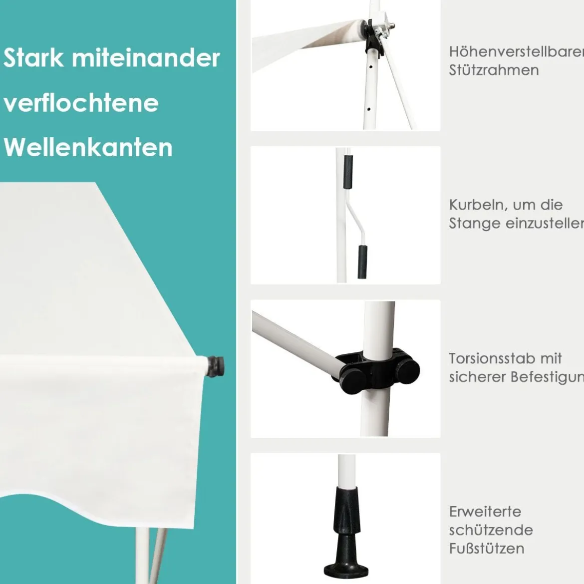 Klemmmarkise 400 cm breit Balkonmarkise ohne Bohren UV-beständig höhenverstellbar