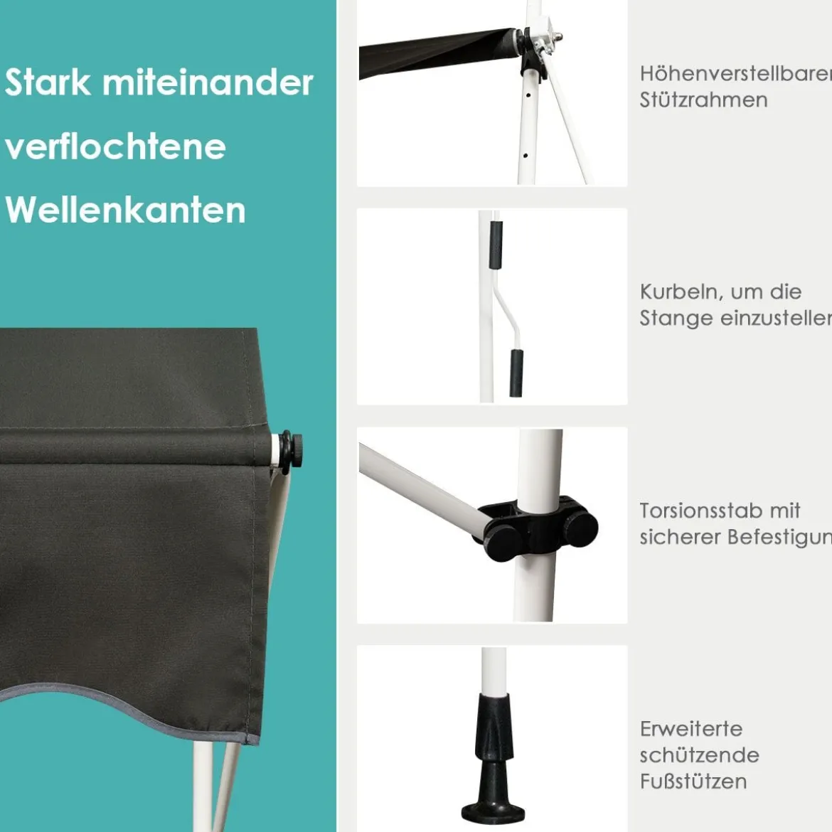 Klemmmarkise 400 cm breit Balkonmarkise ohne Bohren UV-beständig höhenverstellbar