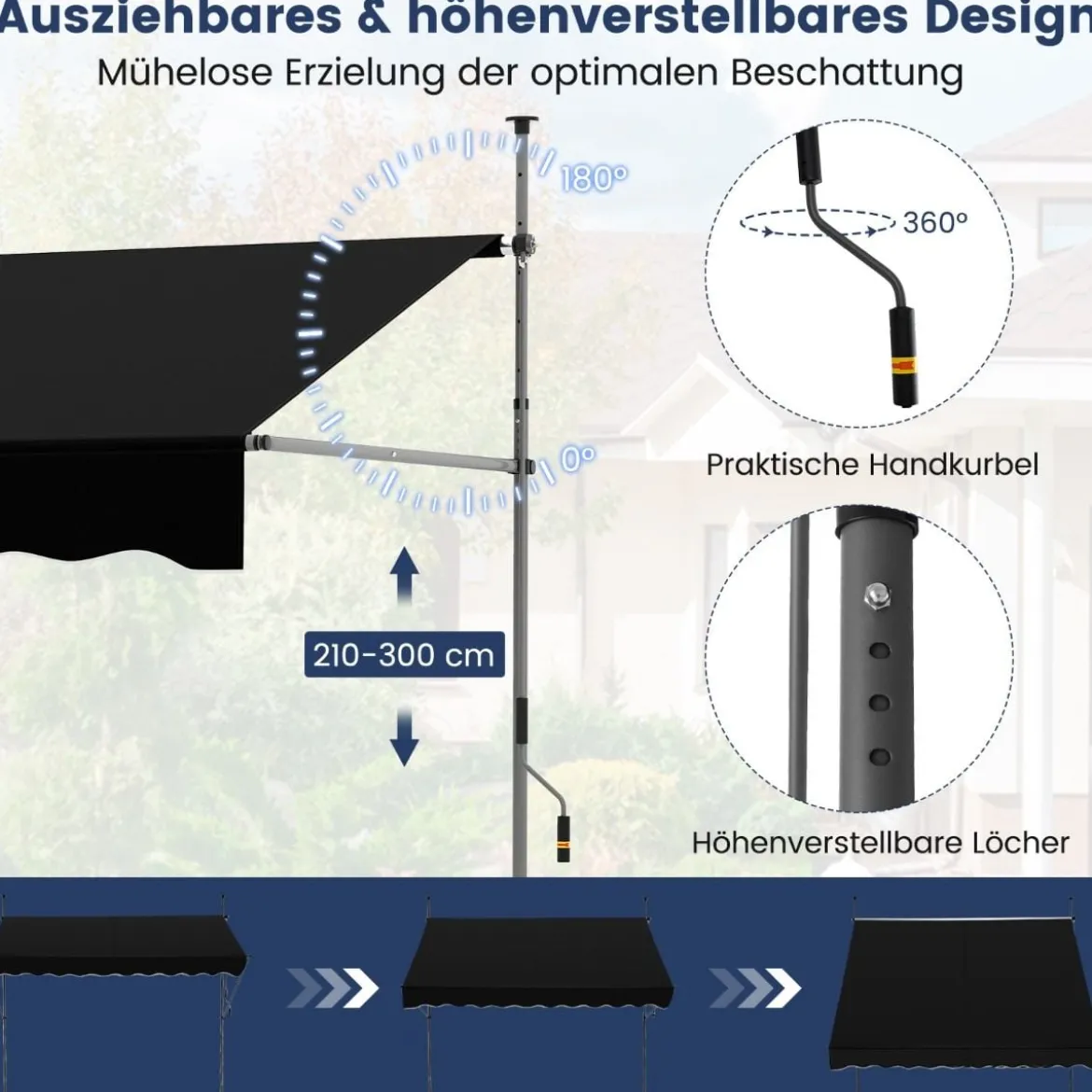 Klemmmarkise ohne Bohren mit Handkurbel Höhenverstellbare & UV-beständige 300 cm