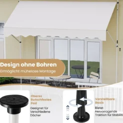 Klemmmarkise ohne Bohren mit Handkurbel Höhenverstellbare & UV-beständige 300 cm