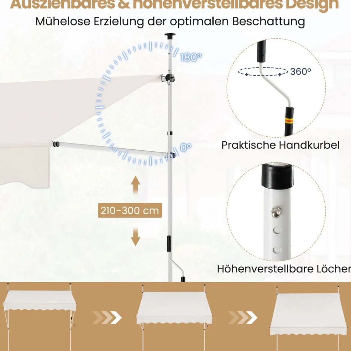 Klemmmarkise ohne Bohren mit Handkurbel Höhenverstellbare & UV-beständige 250 cm