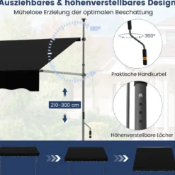 Klemmmarkise ohne Bohren mit Handkurbel Höhenverstellbare & UV-beständige 250 cm