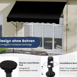 Klemmmarkise ohne Bohren mit Handkurbel Höhenverstellbare & UV-beständige 250 cm