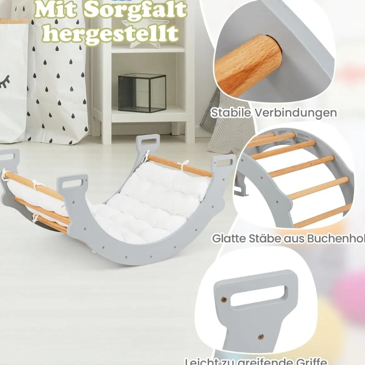 Kletterbogen aus Holz mit Weichem Kissen zum Wippen & Klettern & Krabbeln Klettergerüst Grau