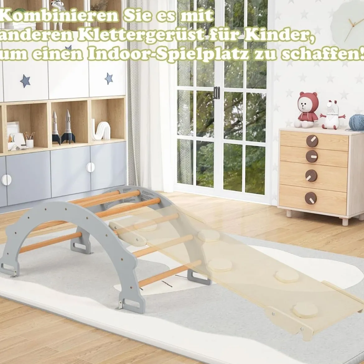 Kletterbogen aus Holz mit Weichem Kissen zum Wippen & Klettern & Krabbeln Klettergerüst Grau