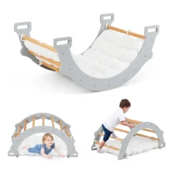 Kletterbogen aus Holz mit Weichem Kissen zum Wippen & Klettern & Krabbeln Klettergerüst Grau