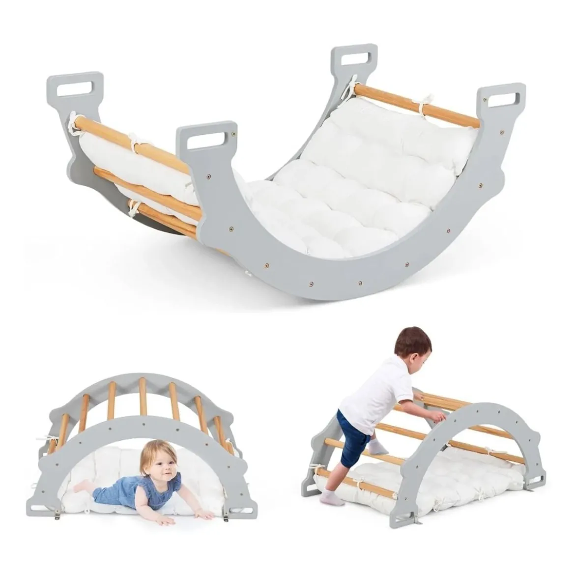 Kletterbogen aus Holz mit Weichem Kissen zum Wippen & Klettern & Krabbeln Klettergerüst Grau