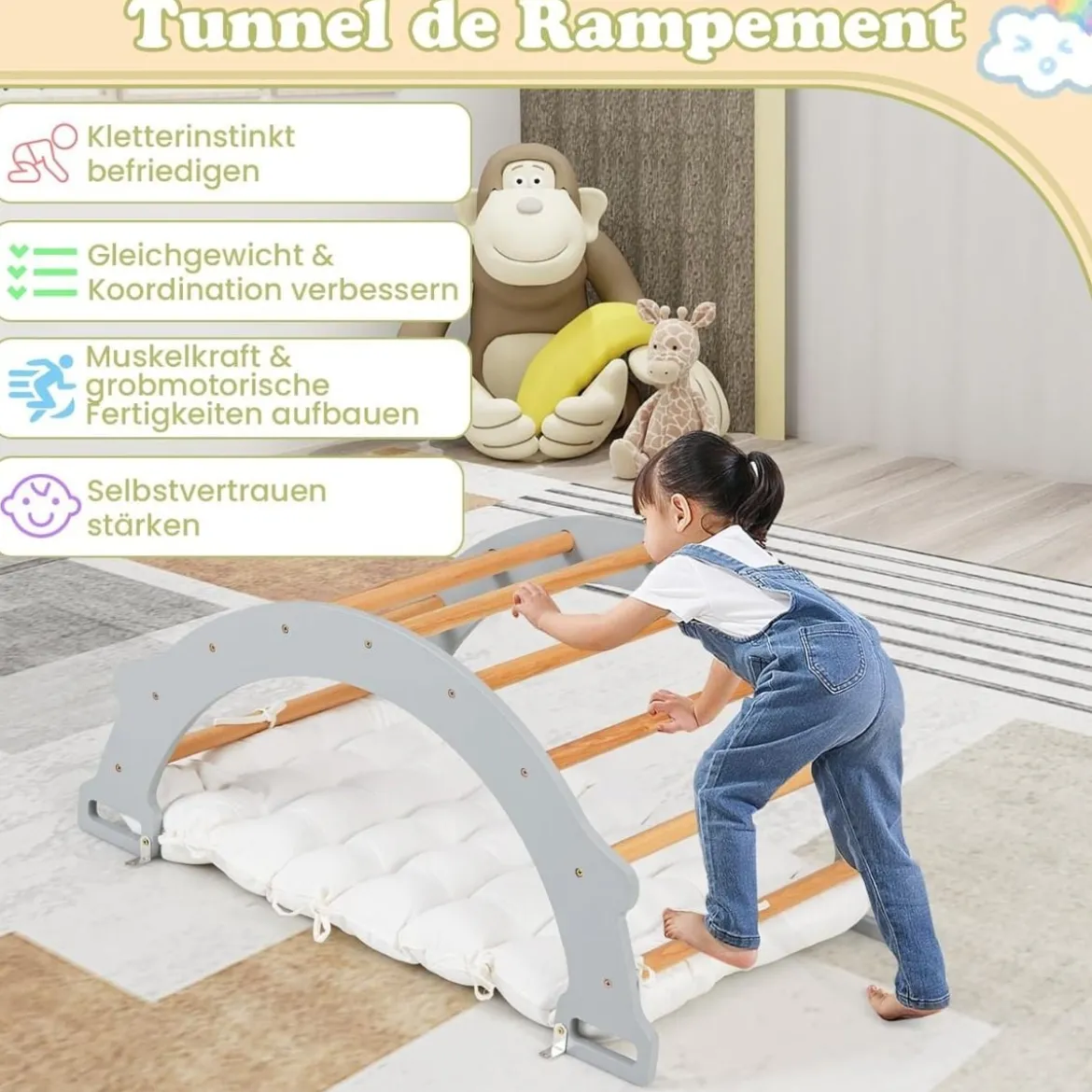 Kletterbogen aus Holz mit Weichem Kissen zum Wippen & Klettern & Krabbeln Klettergerüst Grau