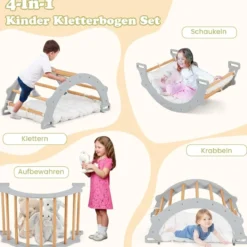 Kletterbogen aus Holz mit Weichem Kissen zum Wippen & Klettern & Krabbeln Klettergerüst Grau