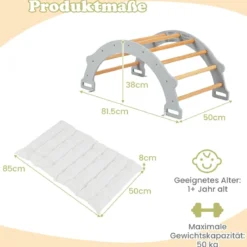 Kletterbogen aus Holz mit Weichem Kissen zum Wippen & Klettern & Krabbeln Klettergerüst Grau