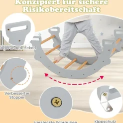 Kletterbogen aus Holz mit Weichem Kissen zum Wippen & Klettern & Krabbeln Klettergerüst Grau