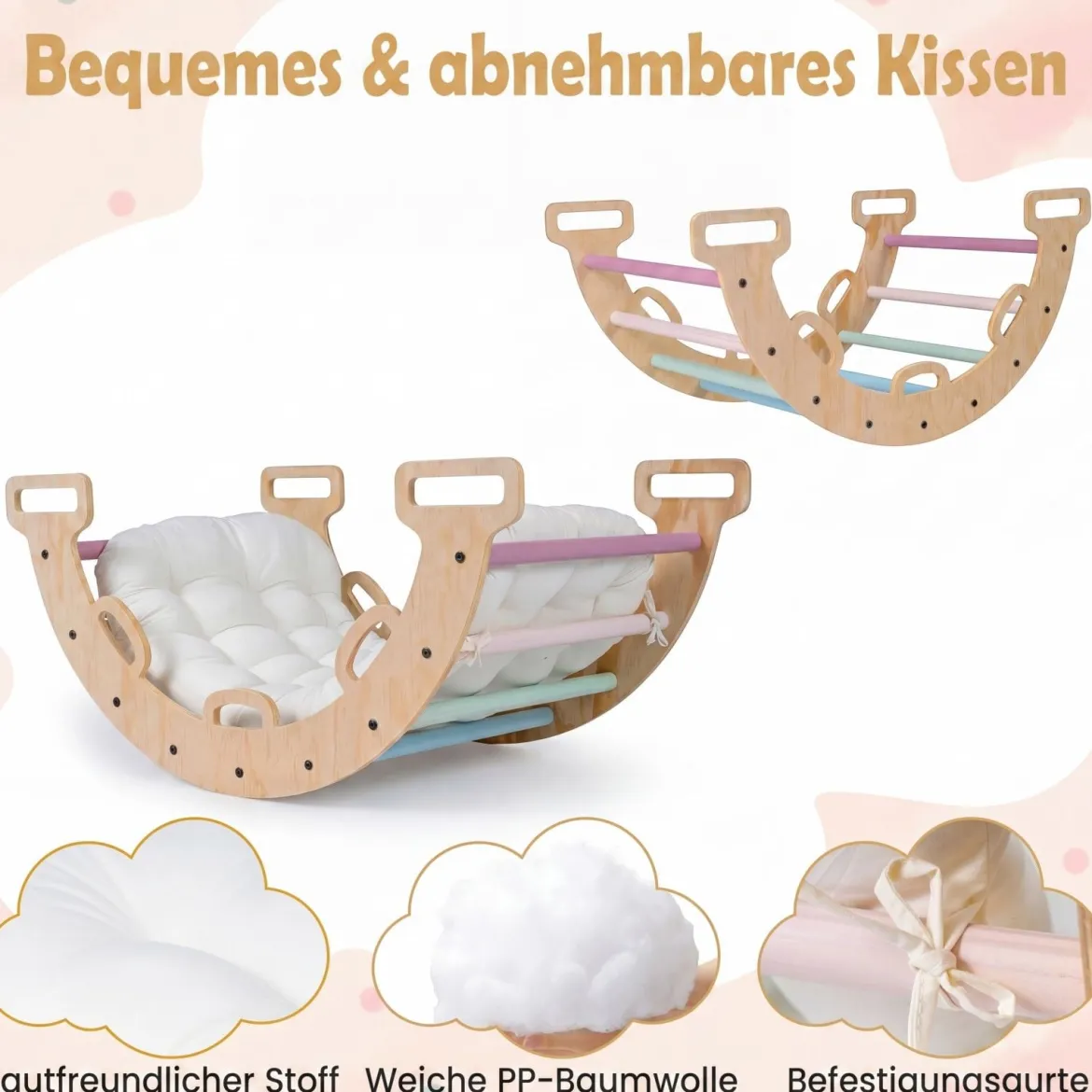 Kletterbogen Holz Montessori Kletterwippe mit Weichem Kissen für Kinder ab 3 Jahre