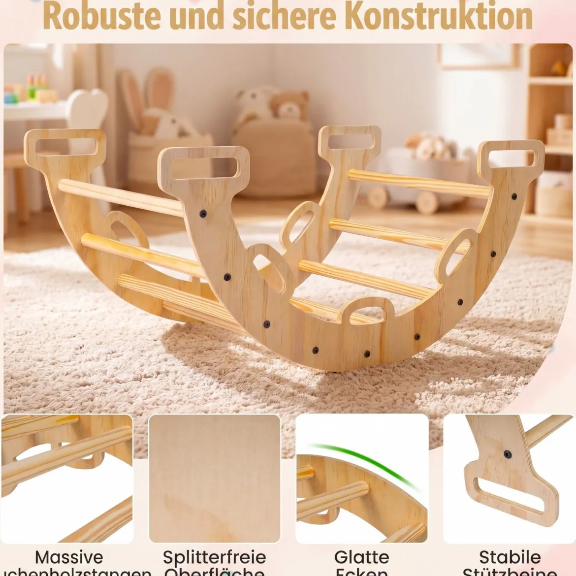 Kletterbogen Holz Montessori Kletterwippe mit Weichem Kissen für Kinder ab 3 Jahre