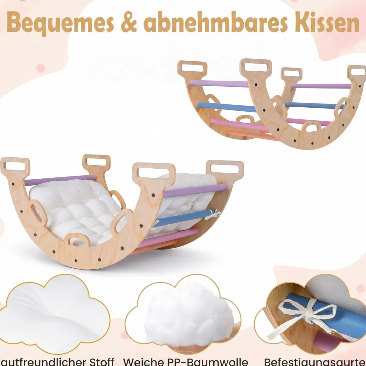Kletterbogen Holz Montessori Kletterwippe mit Weichem Kissen für Kinder ab 3 Jahre