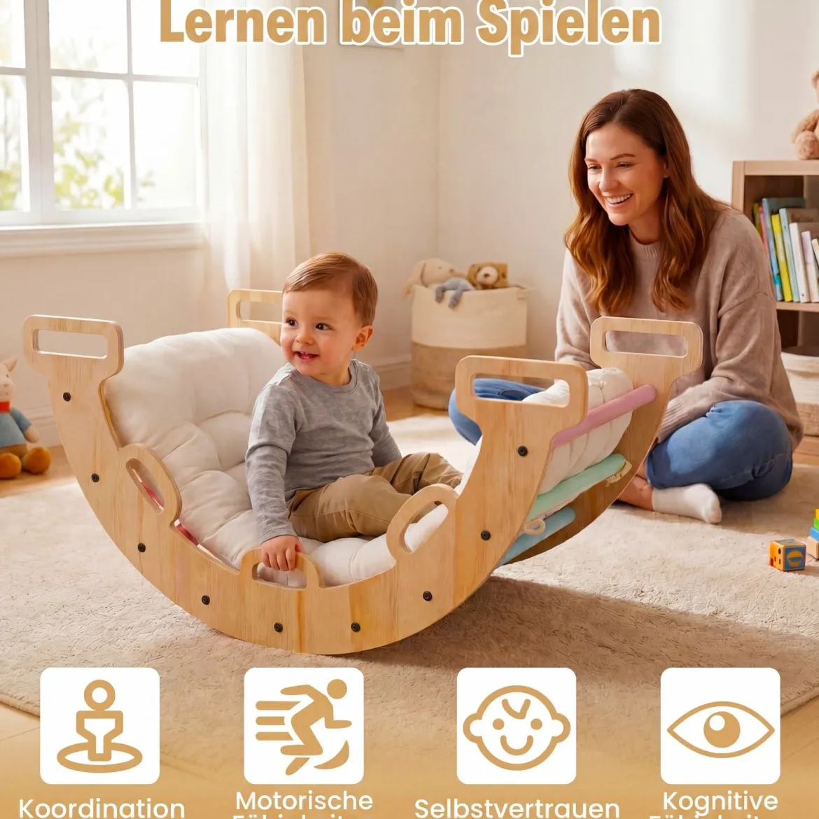 Kletterbogen Holz Montessori Kletterwippe mit Weichem Kissen für Kinder ab 3 Jahre