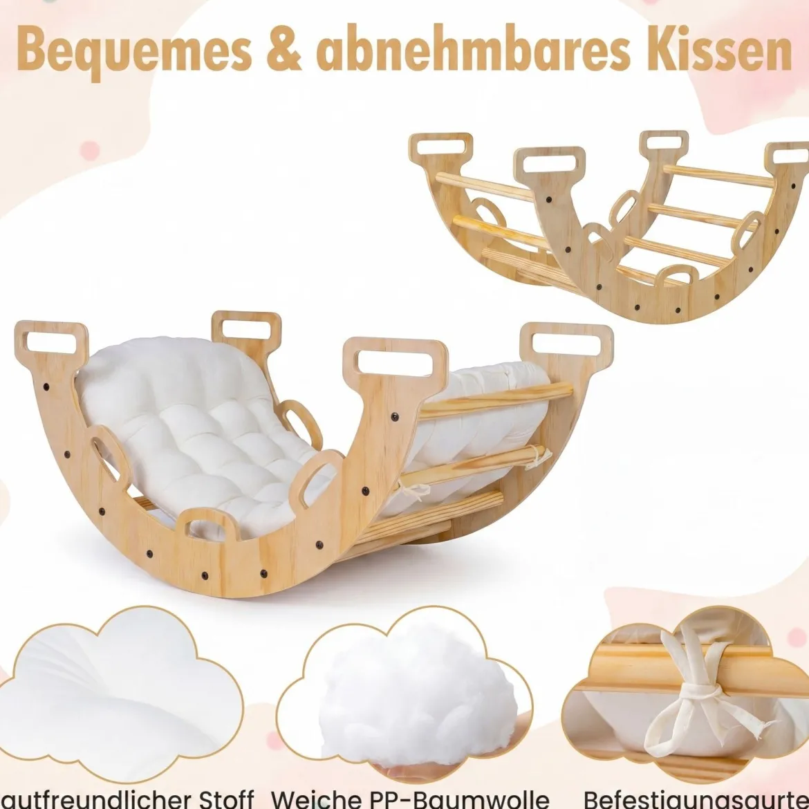 Kletterbogen Holz Montessori Kletterwippe mit Weichem Kissen für Kinder ab 3 Jahre