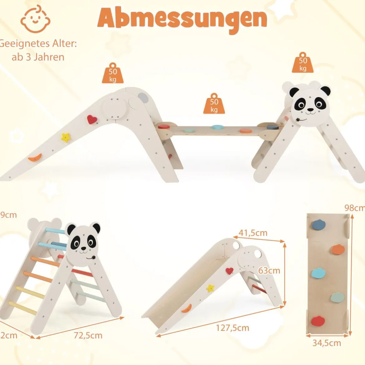 Kletterdreiecke Set faltbares Montessori-Kletterset aus Holz mit Panda-Motiv Beige