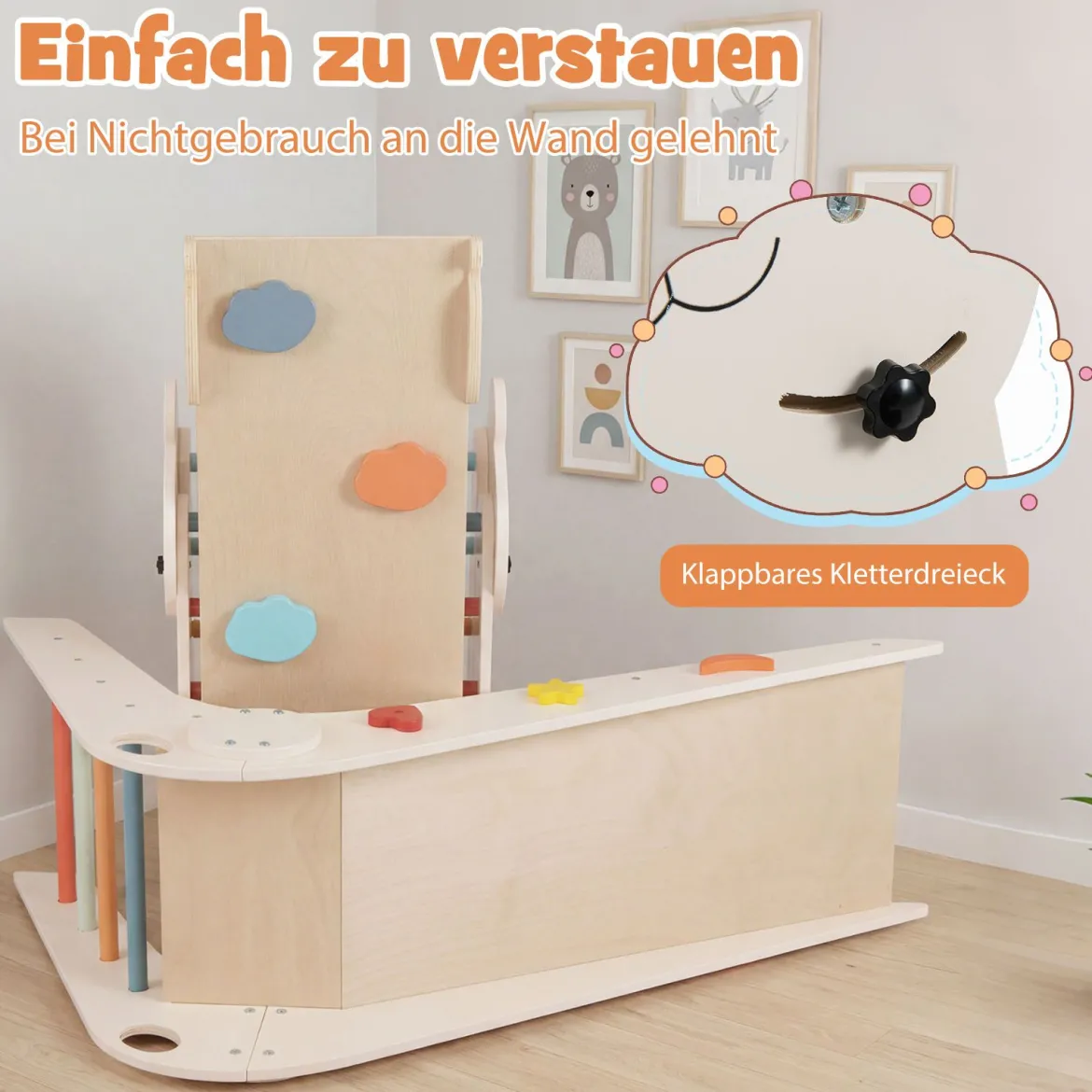 Kletterdreiecke Set faltbares Montessori-Kletterset aus Holz mit Panda-Motiv Beige