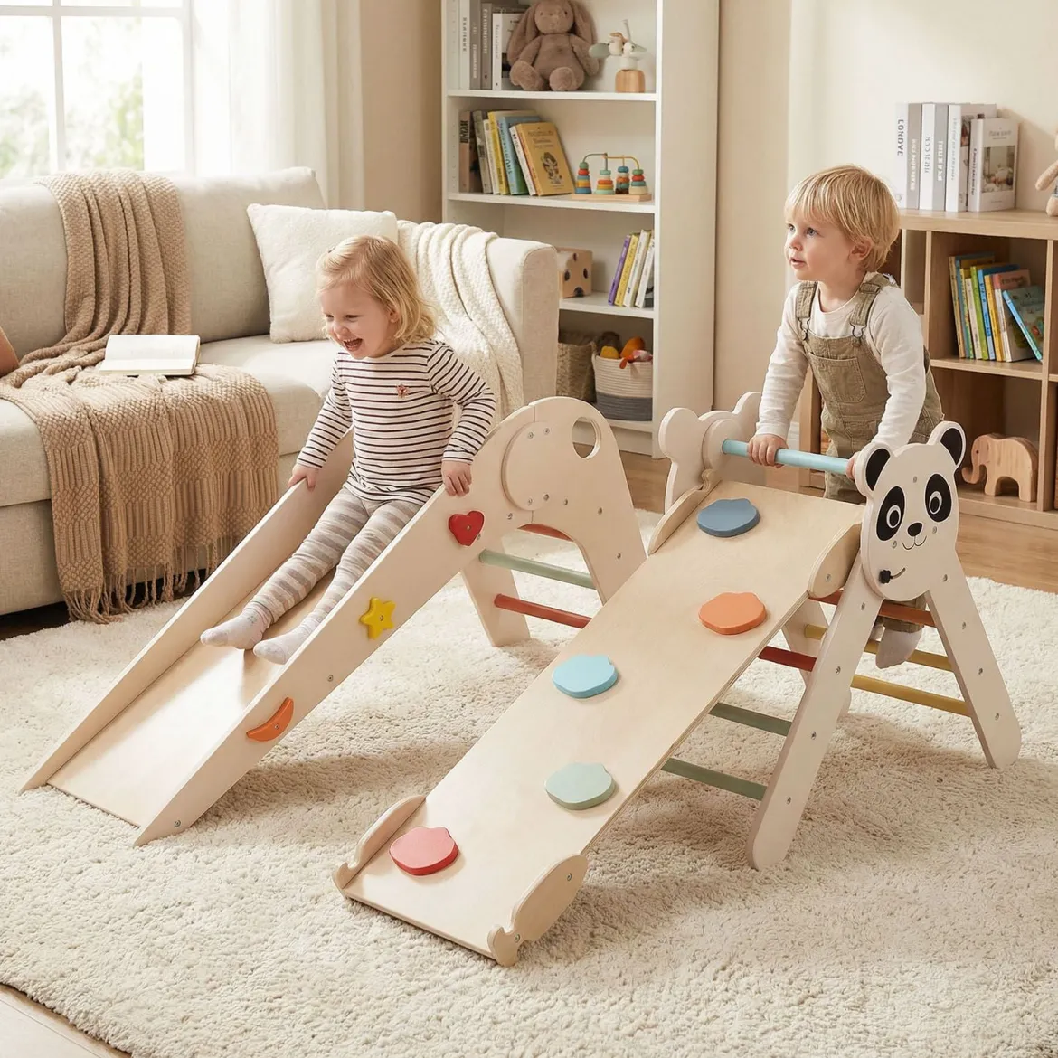 Kletterdreiecke Set faltbares Montessori-Kletterset aus Holz mit Panda-Motiv Beige