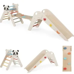 Kletterdreiecke Set faltbares Montessori-Kletterset aus Holz mit Panda-Motiv Beige