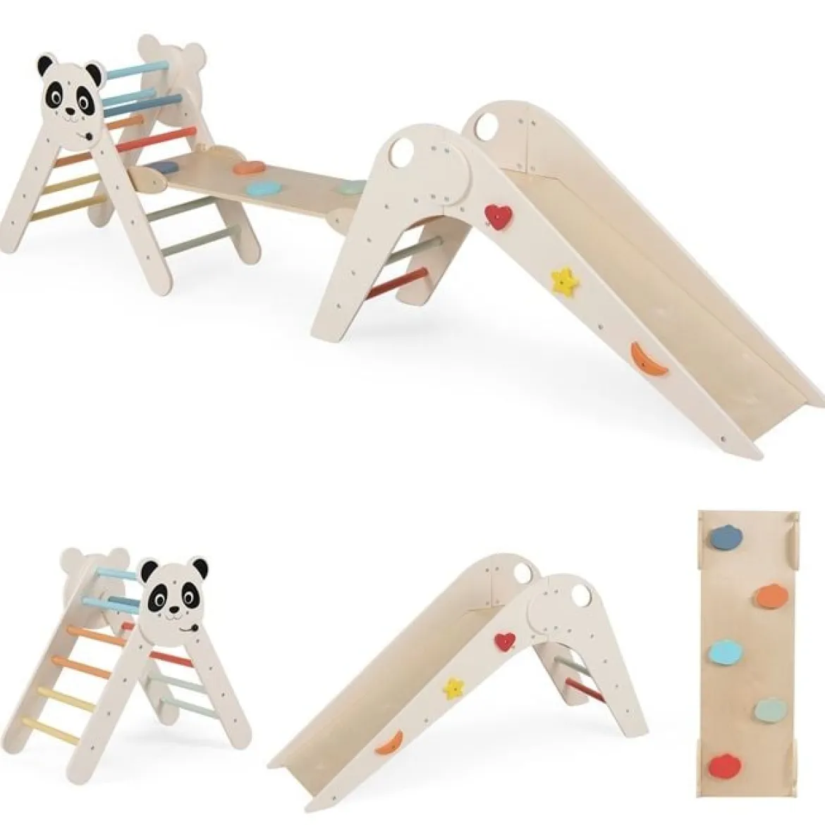 Kletterdreiecke Set faltbares Montessori-Kletterset aus Holz mit Panda-Motiv Beige