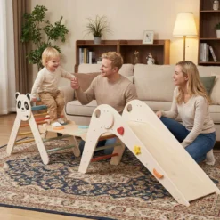 Kletterdreiecke Set faltbares Montessori-Kletterset aus Holz mit Panda-Motiv Beige