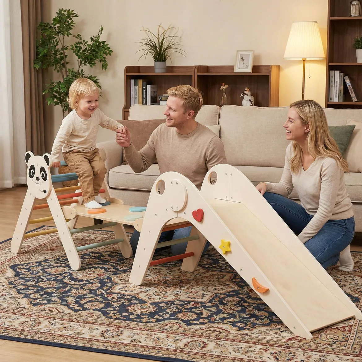 Kletterdreiecke Set faltbares Montessori-Kletterset aus Holz mit Panda-Motiv Beige