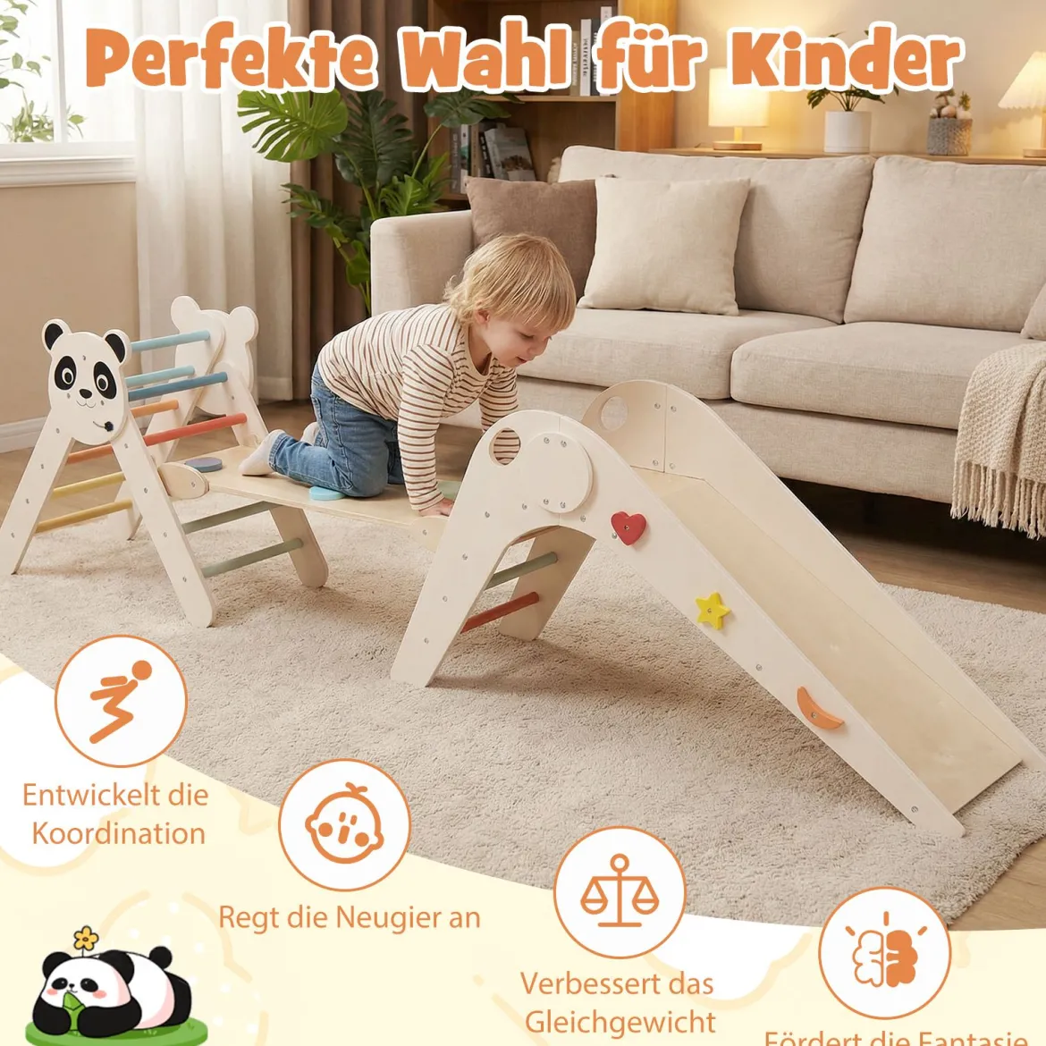 Kletterdreiecke Set faltbares Montessori-Kletterset aus Holz mit Panda-Motiv Beige