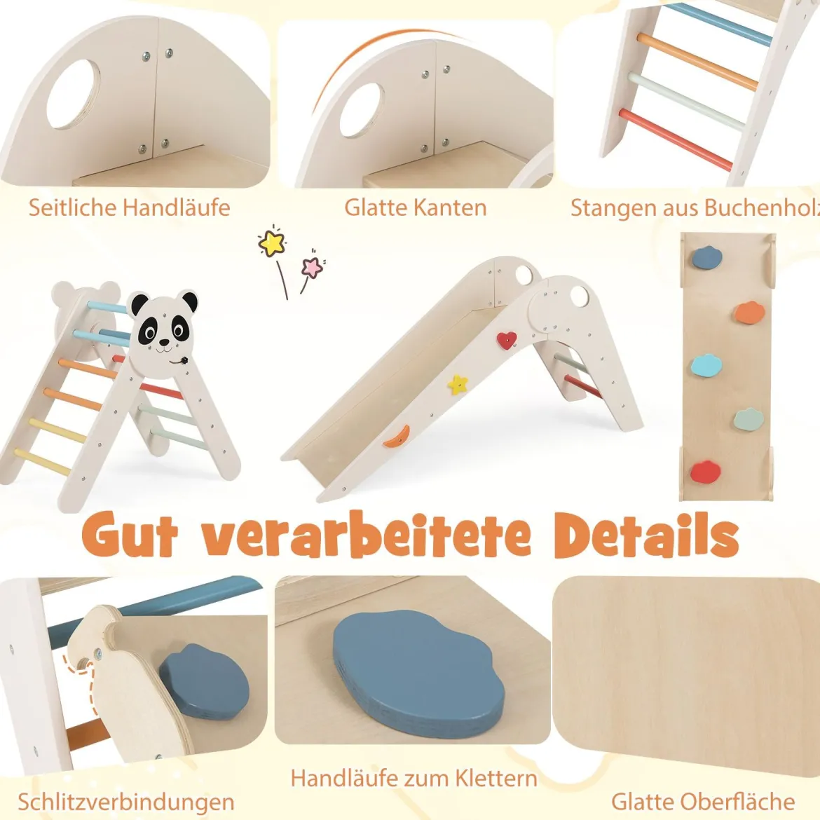 Kletterdreiecke Set faltbares Montessori-Kletterset aus Holz mit Panda-Motiv Beige