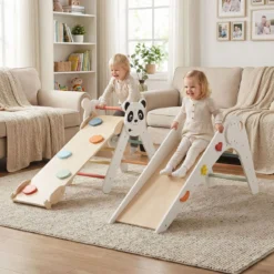 Kletterdreiecke Set faltbares Montessori-Kletterset aus Holz mit Panda-Motiv Weiß
