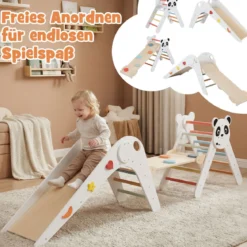 Kletterdreiecke Set faltbares Montessori-Kletterset aus Holz mit Panda-Motiv Weiß