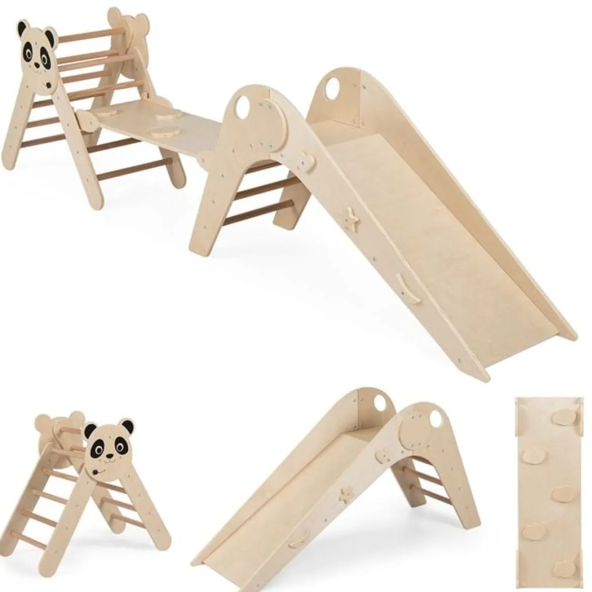 Kletterdreiecke Set faltbares Montessori-Kletterset aus Holz mit Panda-Motiv Natur