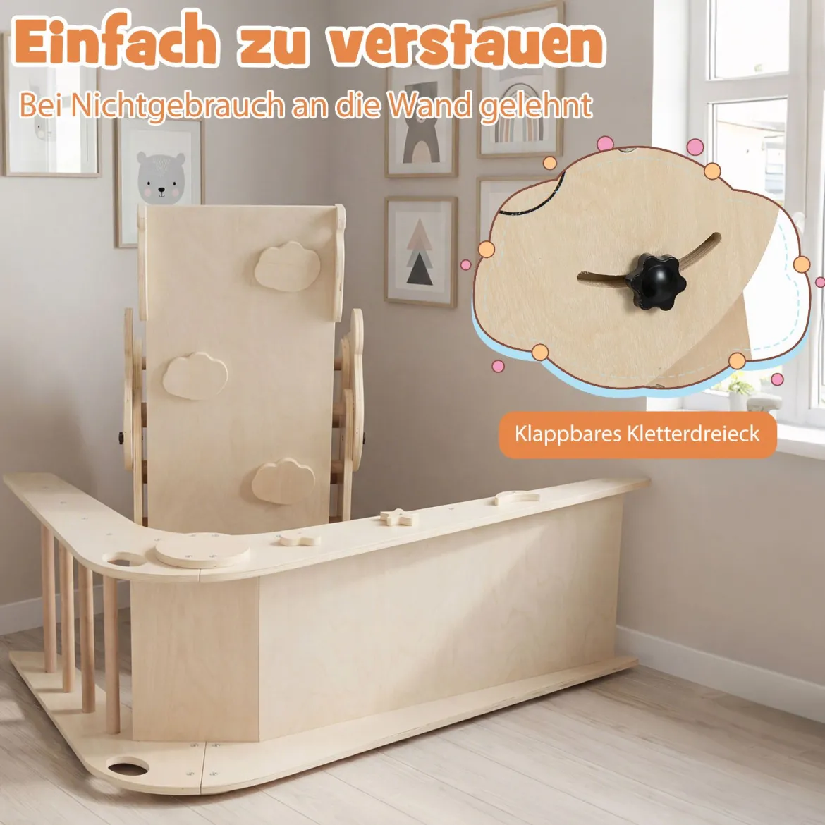 Kletterdreiecke Set faltbares Montessori-Kletterset aus Holz mit Panda-Motiv Natur
