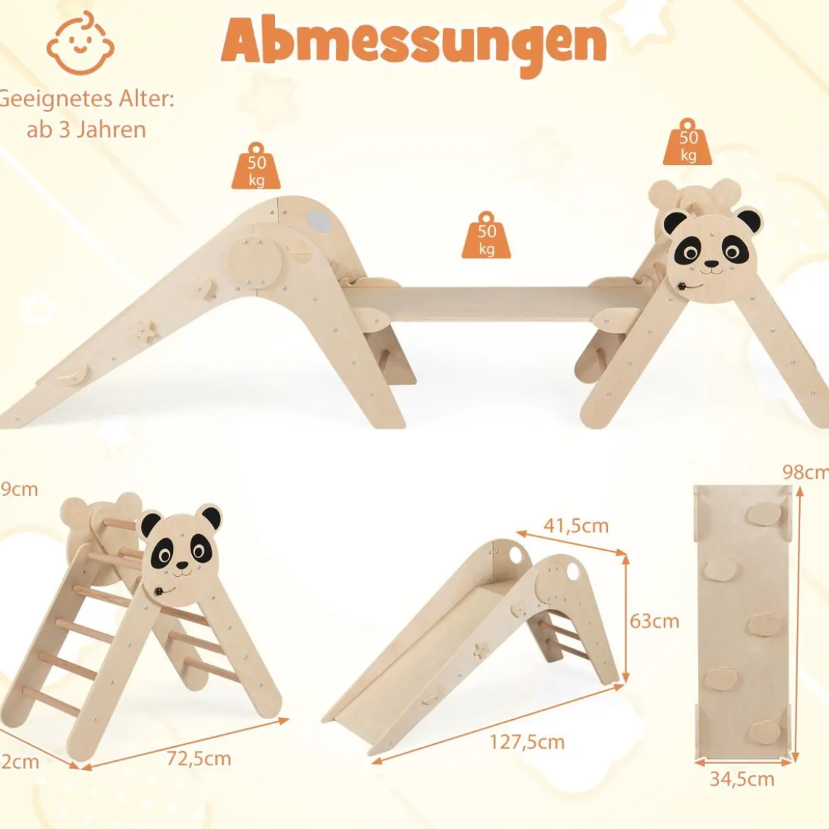 Kletterdreiecke Set faltbares Montessori-Kletterset aus Holz mit Panda-Motiv Natur
