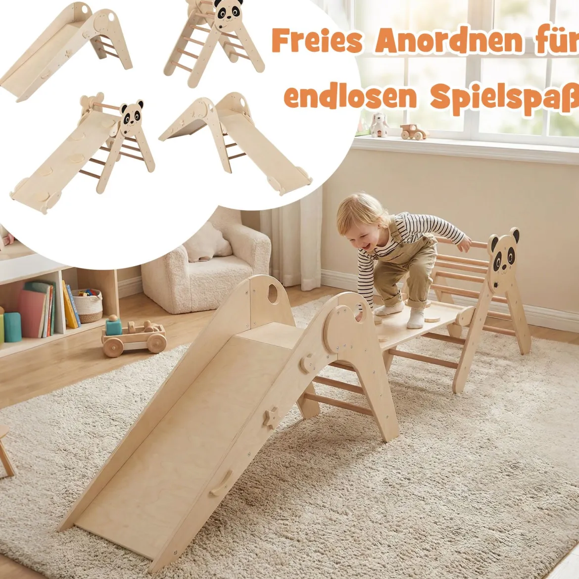 Kletterdreiecke Set faltbares Montessori-Kletterset aus Holz mit Panda-Motiv Natur