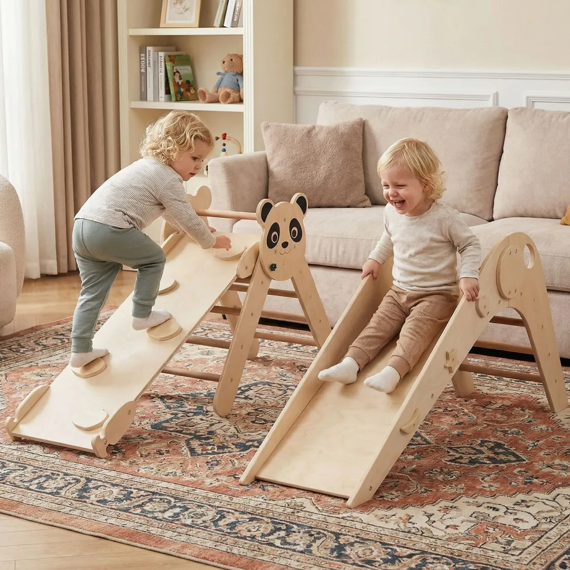 Kletterdreiecke Set faltbares Montessori-Kletterset aus Holz mit Panda-Motiv Natur